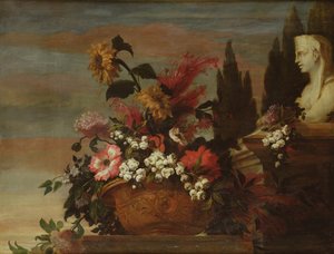 Blumen in einem Becken und eine Sphinx von Jean Baptiste Belin de Fontenay