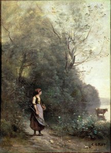 Eine Bäuerin weidet eine Kuh am Waldrand, ca. 1865-70 von Jean Baptiste Camille Corot