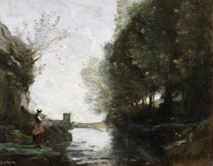 Ein Fluss mit einem quadratischen Turm und einem Bauern im Vordergrund