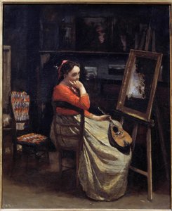 Eine nachdenkliche junge Frau mit einer Mandoline in der Hand im Atelier des Malers von Jean Baptiste Camille Corot