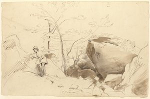 Fontainebleau, Figur, die sich gegen einen Felsen lehnt