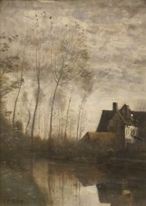 Eine Flussszene mit Häusern und Pappeln von Jean-Baptiste-Camille Corot