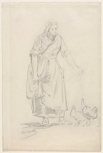Bauernmädchen füttert Hühner von Jean Baptiste Camille Corot