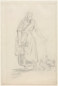 Bauernmädchen füttert Hühner, 1800er von Jean Baptiste Camille Corot