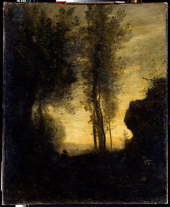 Sitzende Ziege spielt Flöte in einer Lichtung von Jean Baptiste Camille Corot