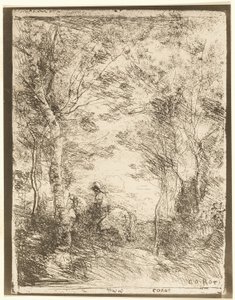 Der Reiter im Wald, kleine Platte von Jean Baptiste Camille Corot