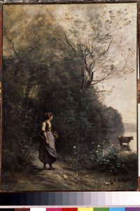 Eine Schäferin und ihre Kuh am Waldrand von Jean Baptiste Camille Corot