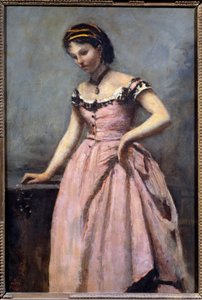 Junges Mädchen im rosa Kleid von Jean Baptiste Camille Corot