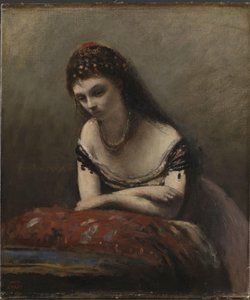 Junge Frau, die sich auf ein Kissen lehnt von Jean Baptiste Camille Corot