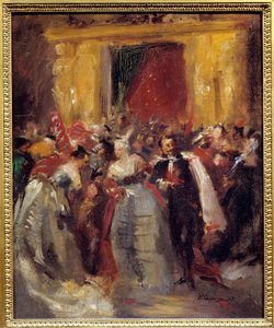 Ballkostüm im Palast der Tuilerien: Napoleon III. (1808-1873) und die Gräfin von Castiglione (1837-1899, berühmte italienische Kurtisane) (Virginia Elisabetta Luisa Carlotta Antonietta Teresa Maria Oldoini). Gemälde von Jean Baptiste (Jean-Baptiste) Carpea
