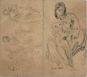 Skizzen: Vier Figuren und sitzende Mutter mit Kind (recto); sitzende Mutter mit Kind (verso)
