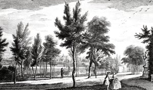 Ansicht der Elysischen Felder von der Quelle des Helikon, Stowe House Gardens, gestochen von George Bickham, 1753