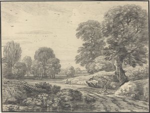 Reisende auf einer Straße in einer bewaldeten Landschaft von Jean Baptiste Claude Chatelain