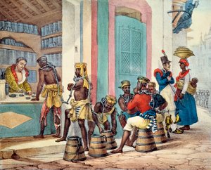 Gefesselte Sklaven kaufen Tabak in einem Tabakladen in Rio de Janeiro, 1835