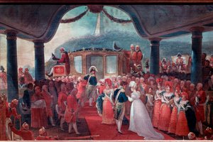 Die Ankunft von Maria Leopoldine von Habsburg-Lothringen (1797-1826) in Rio de Janeiro im Jahr 1817, um Kaiser Peter I. von Brasilien zu heiraten. Die beiden Verlobten sind begleitet von König Joao VI. von Portugal dargestellt