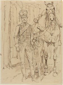 Ein französischer Husar führt ein Pferd von Jean Baptiste Edouard Detaille