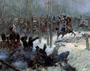Russlandfeldzug 1812: „Angriff des 7. Schlachtschiffs von Oberst Dubois bei der Beresina am 28.11.1812 in Russland“ (Detail) von Jean Baptiste Edouard Detaille