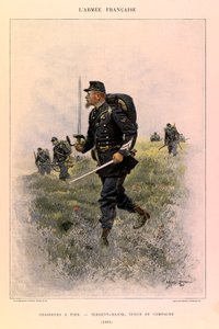 Typen und Uniformen der französischen Armee von Hauptmann Jules Richard, illustriert von Edouard Detaille (1848-1912): Fußjäger: Feldwebel in Felduniform im Jahr 1885, Privatbesitz von Jean Baptiste Edouard Detaille