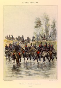 Typen und Uniformen der französischen Armee von Hauptmann Jules Richard, illustriert von Edouard Detaille (1848-1912): Dragoner; Felddienst im Jahr 1885, Private Sammlung
