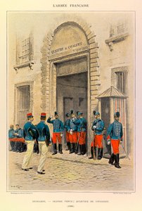 Typen und Uniformen der französischen Armee von Hauptmann Jules Richard, illustriert von Edouard Detaille: Husaren in großer Uniform; Kavalleriedistrikt 1886