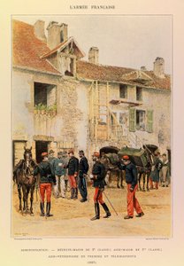 Typen und Uniformen der französischen Armee von Kapitän Jules Richard, illustriert von Edouard Detaille: Verwaltung: Medizinalmajor der 2. Klasse; Aide Major der 1. Klasse; Veterinäraide und Telegrafist 1887, Privatbesitz