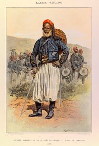Typen und Uniformen der französischen Armee von Hauptmann Jules Richard, illustriert von Edouard Detaille (1848-1912): Einheimischer Offizier der algerischen Tuniors in Felduniform im Jahr 1886, Privatbesitz von Jean Baptiste Edouard Detaille