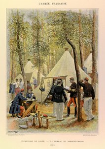 Typen und Uniformen der französischen Armee von Hauptmann Jules Richard, illustriert von Edouard Detaille (1848-1912): Linieninfanterie: Das Büro des Feldwebels im Jahr 1885, Privatbesitz