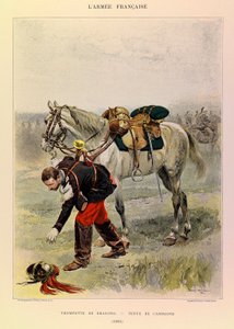 Typen und Uniformen der französischen Armee von Hauptmann Jules Richard, illustriert von Edouard Detaille: Dragoner-Trompeter in Landestracht, 1885