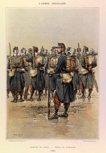 Typen und Uniformen der französischen Armee von Hauptmann Jules Richard, illustriert von Edouard Detaille: Pionier in Felduniform 1886, Private Sammlung von Jean Baptiste Edouard Detaille