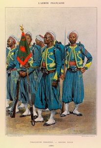 Typen und Uniformen der französischen Armee von Hauptmann Jules Richard, illustriert von Edouard Detaille (1848-1912): Einheimische Tirailleurs in großer Montur im Jahr 1886, Private Sammlung