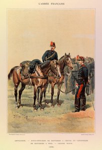 Typen und Uniformen der französischen Armee von Hauptmann Jules Richard, illustriert von Edouard Detaille: Artillerie: Unteroffiziere der Batterien zu Pferd und Kanoniere der Batterie zu Fuß in großer Uniform 1886