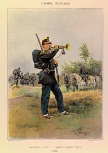 Typen und Uniformen der französischen Armee von Hauptmann Jules Richard, illustriert von Edouard Detaille: Jäger zu Fuß: Hornist in großer Uniform 1885