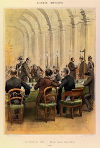 Typen und Uniformen der französischen Armee von Kapitän Jules Richard, illustriert von Edouard Detaille: Die Auslosung in Paris, Salle Saint Jean 1887, Privatbesitz