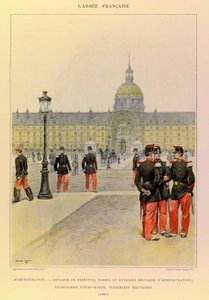 Typen und Uniformen der französischen Armee von Hauptmann Jules Richard, illustriert von Edouard Detaille (1848-1912): Verwaltung: Reiter, Militärschreiber und Verwaltungsangestellte, Stabssekretäre, Militärkrankenschwestern im Jahr 1887, Privatbesitz