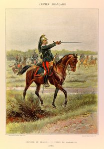 Typen und Uniformen der französischen Armee von Hauptmann Jules Richard, illustriert von Edouard Detaille (1848-1912): Offizier der Dragoner in Manöveranzug im Jahr 1885, Privatbesitz von Jean Baptiste Edouard Detaille