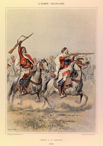 Typen und Uniformen der französischen Armee von Hauptmann Jules Richard, illustriert von Edouard Detaille (1848-1912): Spahis à la Fantasia im Jahr 1886, Privatbesitz von Jean Baptiste Edouard Detaille