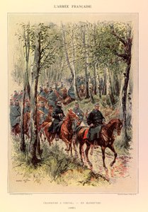 Typen und Uniformen der französischen Armee von Hauptmann Jules Richard, illustriert von Edouard Detaille (1848-1912): Jäger zu Pferd bei Manövern im Jahr 1885, Privatbesitz