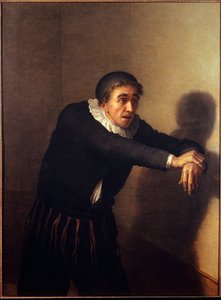 Grandmesnil in der Rolle des Harpagon. Der Komödiant Grandmesnil (Pseudonym Jean-Baptiste Fauchard) (1737-1816) spielt die Figur des Harpagon in Molières Stück „Der Geizige“ (Jean Baptiste Poquelin) im Jahr 1790. Gemälde von Jean Baptiste Desoria (1758-183 von Jean Baptiste Francois Desoria