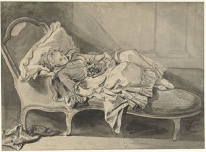 Madame Greuze auf einer Chaiselongue mit ihrem Hündchen
