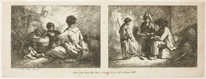 Kinder mit einem Hund und Schafen und Bauernfamilie am Feuer von Jean Baptiste Huet