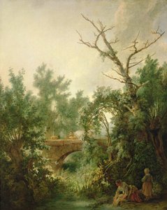 Bäuerin wäscht Kleidung in der Nähe einer Brücke von Jean Baptiste Huet