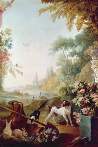 Zwei Kaninchen, eine Elster und ein Hund, aus dem Salon von Gilles Demarteau (1722-76)