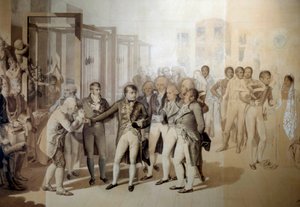 Napoleon Bonaparte, Erster Konsul, besucht die Samtfabrik der Gebrüder Sevene in Rouen, November 1802 von Jean Baptiste Isabey