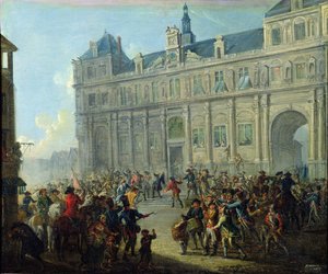 Die Ermordung von Jacques de Flesselles auf den Stufen des Rathauses am 14. Juli 1789