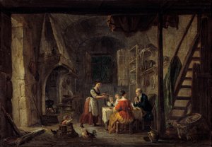 Das Benedicite. Szene einer Mahlzeit in einer Bauernfamilie, das Gebet