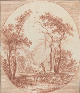 Ein Bauer und ein Schaf überqueren eine rustikale Brücke von Jean Baptiste Le Prince