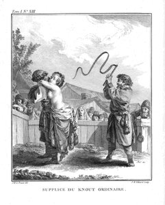 Bestrafung von Natalia Fyodorovna Lopukhina mit einem gewöhnlichen Knout. Aus Voyage en Sibérie, 1766