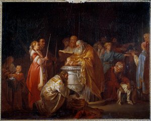 Russische Taufe Ein orthodoxer Priester tauft ein Kind vor seinen Eltern. Gemälde von Jean Baptiste Leprince (1733-1781) 1765 von Jean Baptiste Leprince