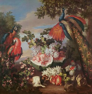 Früchte und exotische Vögel in einer Landschaft
