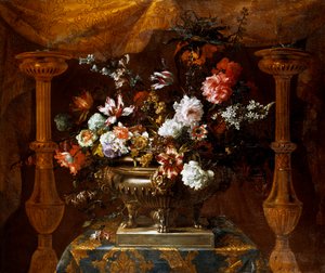 Stillleben mit Blumen in einer Silbervase mit Parfümbrennern, um 1690-99 von Jean Baptiste Monnoyer